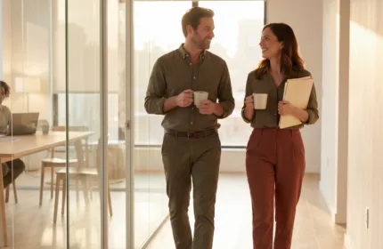Two professionals walking through a bright office hallway holding coffee and documents, representing successful direct hire placements and building strong client relationships that lead to repeat hiring success.