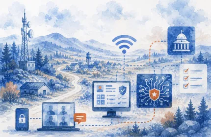 Watercolor illustration of a remote rural community connected through secure communications, cybersecurity systems, virtual collaboration tools, identity verification and government infrastructure, representing cleared talent delivery for mission-critical federal programs in remote locations.