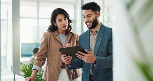 Adobe Stock 1088740695 Tablet meeting and business people in office with research