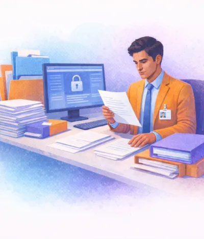 Illustration of an office worker reviewing documents at a desk with stacks of files and a computer displaying a security lock icon.
