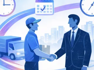 An illustration of two professionals shaking hands in a stylized business scene, with icons representing scheduling, deadlines and logistics in the background.