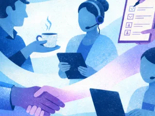 An illustration of three people in an office collaborating.
