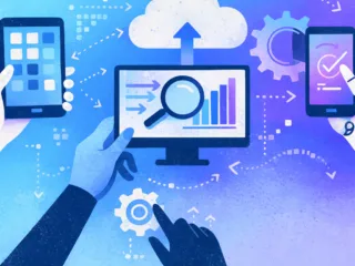 Illustration of hands using mobile devices and a computer displaying charts, a magnifying glass, and cloud syncing icons, representing digital transformation and data analysis