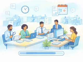 An illustration of coworkers all working together on their laptops at a desk.