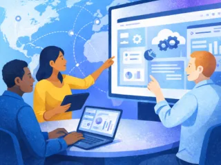 Three coworkers collaborate at a table, reviewing data dashboards on a large screen with laptops and a tablet, suggesting a team data discussion.