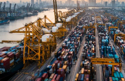 Aerial view of a busy shipping port with rows of colorful cargo containers, large cranes loading and unloading freight, and a city skyline in the distance at sunset.