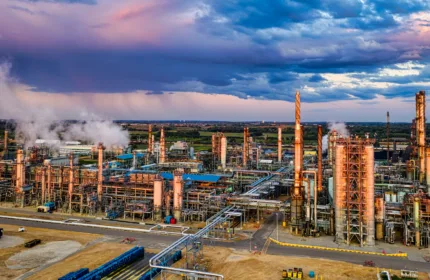 Large industrial oil and gas refinery with tall steel towers, pipes, and storage structures releasing steam, set against a wide landscape and a dramatic cloudy sky at sunset.