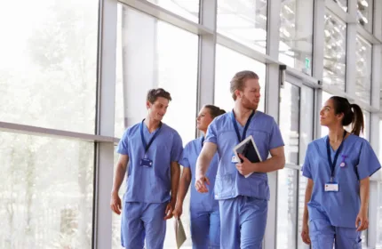 Healthcare team in scrubs, symbolizing financial and operational support in the healthcare sector.