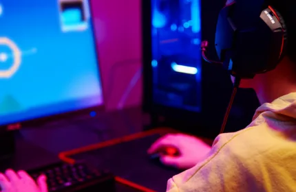 A person using a gaming computer, representing administrative and creative support in gaming.