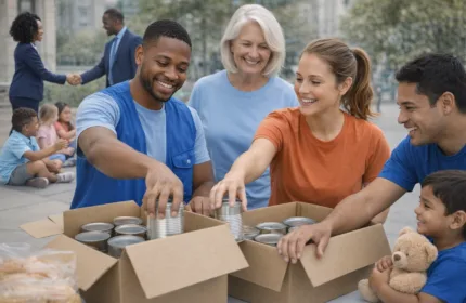 Volunteers packing canned goods and supplies into donation boxes during a community service event, with children participating nearby and colleagues greeting each other in the background.