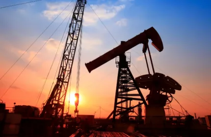 Extracting gas with the sunset in the back.