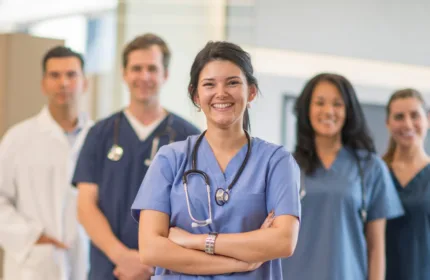 Clinical healthcare team collaborating in patient care environment.