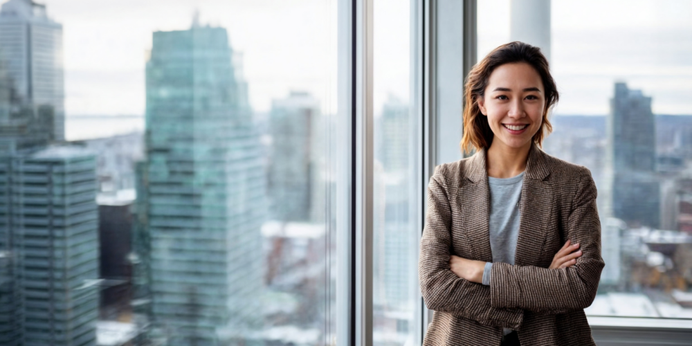 Confident office professional standing in front of floor to ceiling windows with an urban skyline view Professional woman in business attire standing in a high rise office with city buildings in the background
