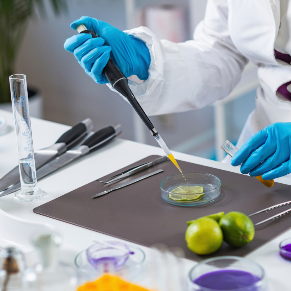 Food scientist testing ingredients in a lab.