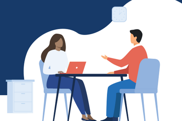 An illustration of two people sitting across from each other at a desk. One is using a laptop and the other is speaking.